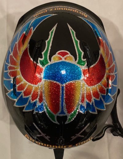 Top view of airbrushed ski helmet - scarab design- candies over metal flake - Airgunnerz.com Custom Airbrushing