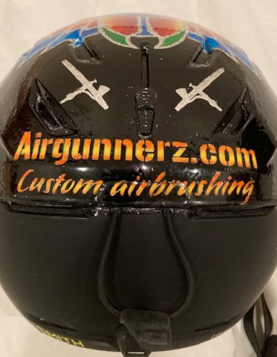 Back view of airbrushed ski helmet - airgunnerz.live-website.com custom airbrushing. Candies over metal flake